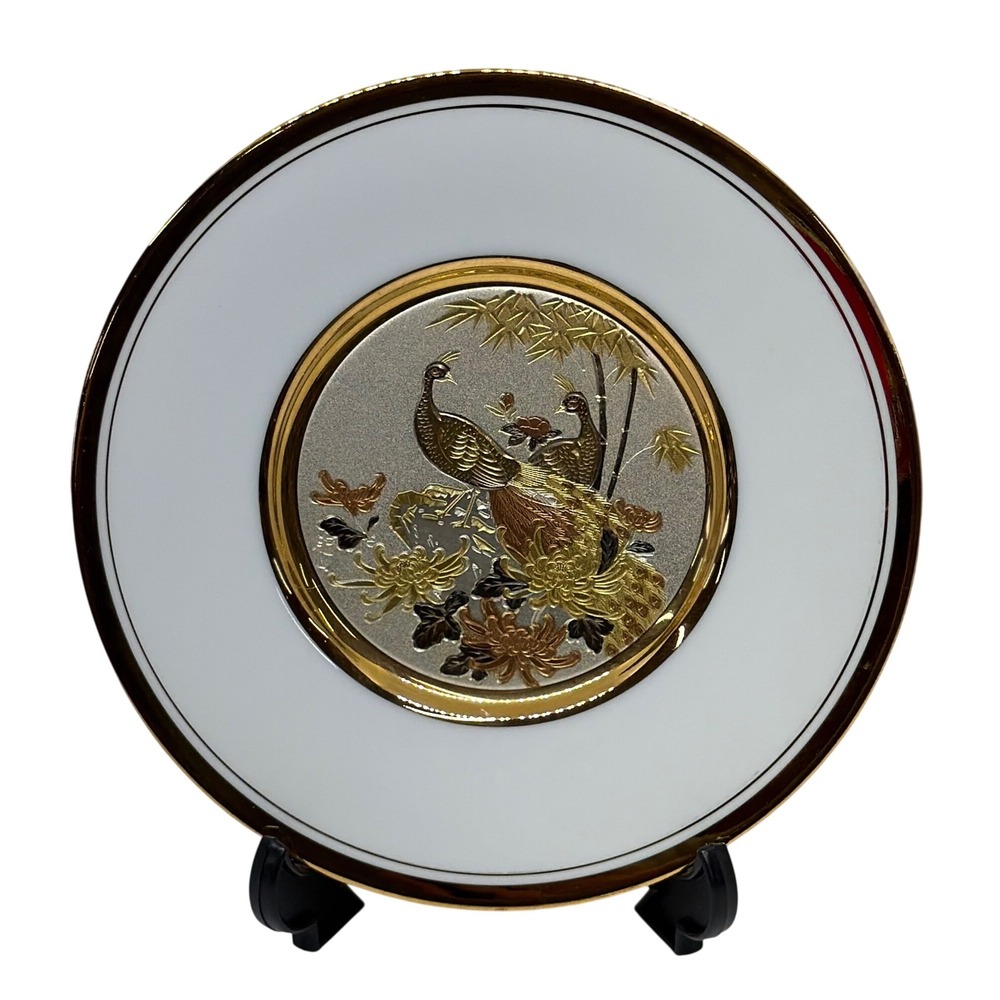 VTG The Art of Chokin Collector Plate White Gold Silver Peacock Bird Decor 6in